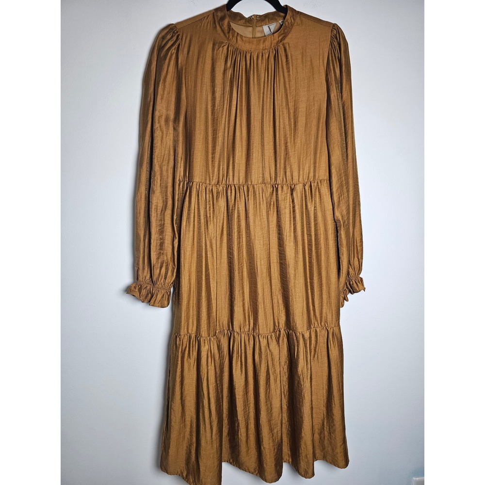 Boho Emberley Tiered Midi Dress Womens M Gold Tencel Long Sleeve Ruffle VD33332D